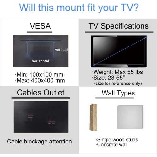Adjustable TV Wall Mount Swivel and Tilt TV Arm Bracket for Most 32-55 inch LED up to 70lbs, LCD Monitor and Plasma TVs VESA up to 400x400mm