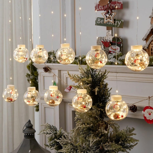 OLLNY DECOR  9.84Ft 10 Lights Christmas Wishing Ball String Lights, Xmas Santa, Snowman, Curtain Lights for Home Window Ornaments, Indoor Outdoor