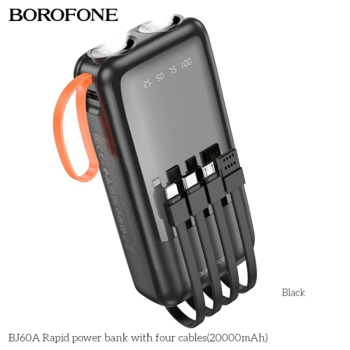BOROFONE BJ60A 20000mAh Flashlight Power Bank With 4 cables IP/Type-C Multiple outputs Power supply for Mobile phone LED display Black