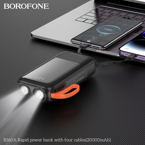 BOROFONE BJ60A 20000mAh Flashlight Power Bank With 4 cables IP/Type-C Multiple outputs Power supply for Mobile phone LED display Black