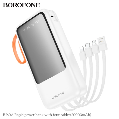 BOROFONE BJ60A 20000mAh Flashlight Power Bank With 4 cables IP/Type-C Multiple outputs Power supply for Mobile phone LED display Black