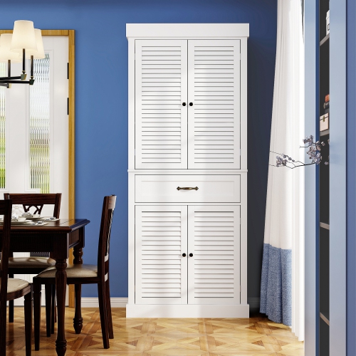 White Paint Wood Storage Cabinet With 4-Shutter Doors, Drawers and Adjustable Shelves For Office, Kitchen