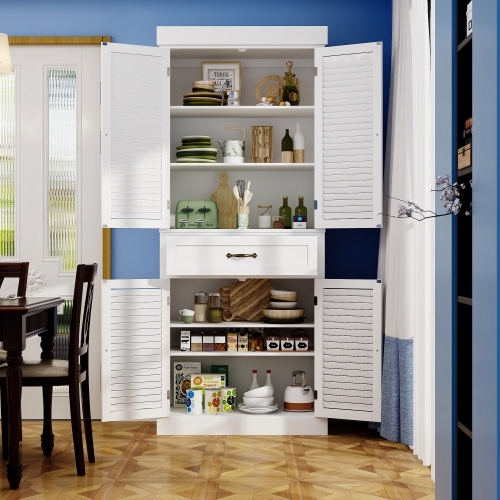 White Paint Wood Storage Cabinet With 4-Shutter Doors, Drawers and Adjustable Shelves For Office, Kitchen