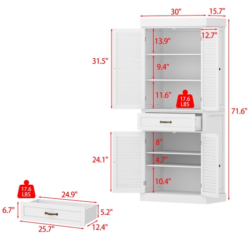 White Paint Wood Storage Cabinet With 4-Shutter Doors, Drawers and Adjustable Shelves For Office, Kitchen