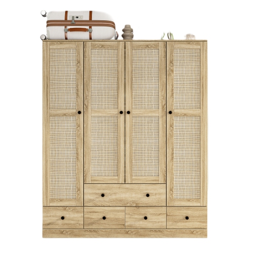 HOMSEE  Wood Grain 59 In. W Rattan Doors Design Armoires Wardrobe With 5-Drawers, 2-Hanging Rods (70.8 In. H X 18.8 In. D) In Brown