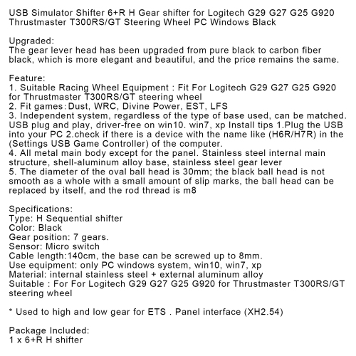 6+R USB Simulator H Gear shifter for Logitech G29 G920 Steering Wheel PC Black