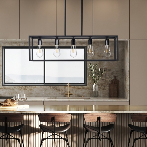 5 Light Modern Kitchen Island Pendant Industrial Light Ceiling Hanging Lighting with Metal Frame for Bar Metal Farmhouse Chandelier