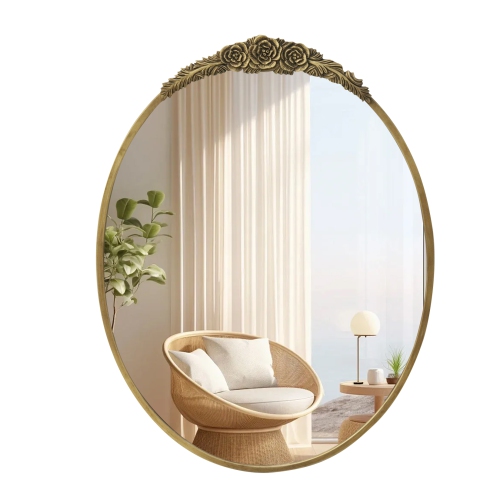 Vintage Gold Oval Mirror Brass Bathroom Vanity Mirror with Resin Rose Baroque Decor for Over Sink Fireplace Entryway Living Room