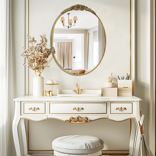 Vintage Gold Oval Mirror Brass Bathroom Vanity Mirror with Resin Rose Baroque Decor for Over Sink Fireplace Entryway Living Room