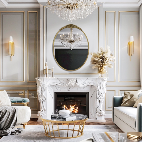 Vintage Gold Oval Mirror Brass Bathroom Vanity Mirror with Resin Rose Baroque Decor for Over Sink Fireplace Entryway Living Room