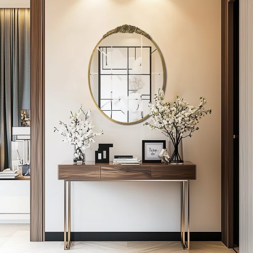 Vintage Gold Oval Mirror Brass Bathroom Vanity Mirror with Resin Rose Baroque Decor for Over Sink Fireplace Entryway Living Room