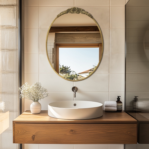 Vintage Gold Oval Mirror Brass Bathroom Vanity Mirror with Resin Rose Baroque Decor for Over Sink Fireplace Entryway Living Room