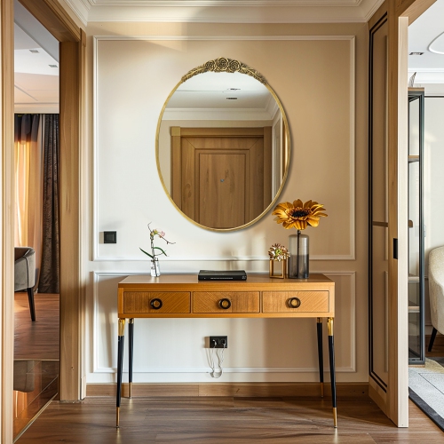 Vintage Gold Oval Mirror Brass Bathroom Vanity Mirror with Resin Rose Baroque Decor for Over Sink Fireplace Entryway Living Room