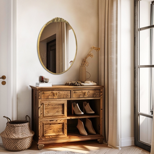 Vintage Gold Oval Mirror Brass Bathroom Vanity Mirror with Resin Rose Baroque Decor for Over Sink Fireplace Entryway Living Room