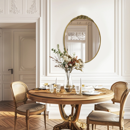 Vintage Gold Oval Mirror Brass Bathroom Vanity Mirror with Resin Rose Baroque Decor for Over Sink Fireplace Entryway Living Room