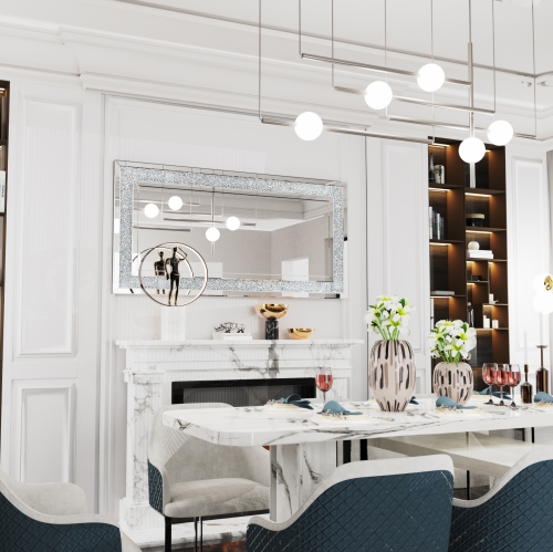 48x24 Inch Luxury Decorative Glam Silver Vanity Mirror Rectangle Crushed Diamond Mirror Rectangle Art Mirror Decor for Bedroom Living Room Dining Room