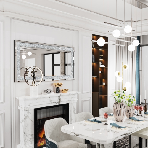 48x24 Inch Luxury Decorative Glam Silver Vanity Mirror Rectangle Crushed Diamond Mirror Rectangle Art Mirror Decor for Bedroom Living Room Dining Room