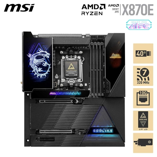 MEG X870E GODLIKE de MSI, X870E EATX d'AMD - Compatible avec les processeurs Ryzen 9000/8000/7000 d'AMD, AM5 - Dynamic Dashboard III, EZ Slide M.2,