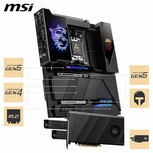 MEG X870E GODLIKE de MSI, X870E EATX d'AMD - Compatible avec les processeurs Ryzen 9000/8000/7000 d'AMD, AM5 - Dynamic Dashboard III, EZ Slide M.2,