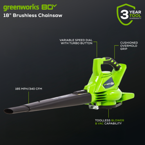 Greenworks 40V 185 MPH-340 CFM BL Blower/Vac, Tool Only