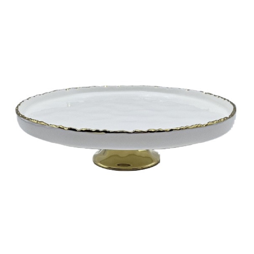 Assiette à gâteau ronde en porcelaine blanche à bordure dorée et support de la collection Simplicity