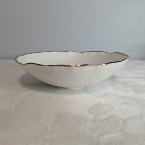 8.75" Simplicity Collection White Porcelain Gold Trim Freestyle Round Shape Tray