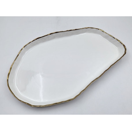 12" Simplicity Collection White Porcelain Gold Trim Freestyle Oval Shape Tray