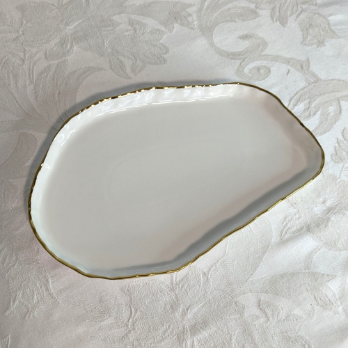 12" Simplicity Collection White Porcelain Gold Trim Freestyle Oval Shape Tray