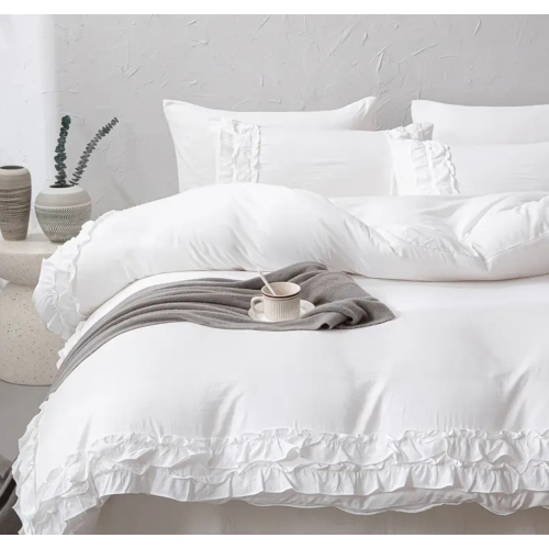 Boho Chic Luxury QUEEN SIZE 3pcs White Duvet Cover Set with Ruffle Trim - Soft, Washed Microfiber Bedding for All Seasons, Includes Zippered Duvet