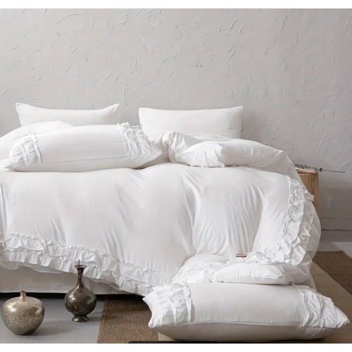 Boho Chic Luxury KING size 3pcs White Duvet Cover Set with Ruffle Trim - Soft, Washed Microfiber Bedding for All Seasons, Includes Zippered Duvet