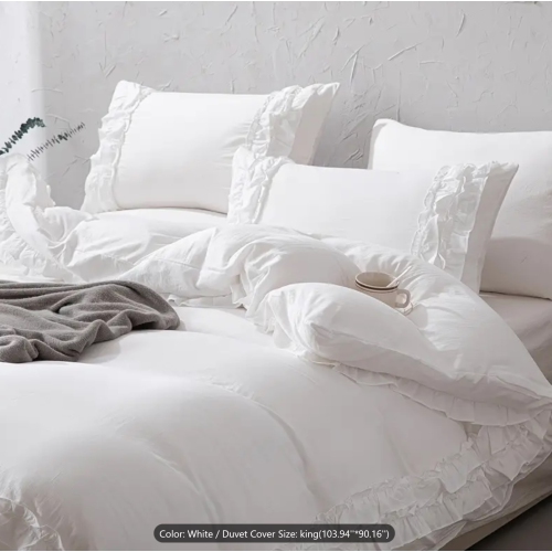 Boho Chic Luxury KING size 3pcs White Duvet Cover Set with Ruffle Trim - Soft, Washed Microfiber Bedding for All Seasons, Includes Zippered Duvet