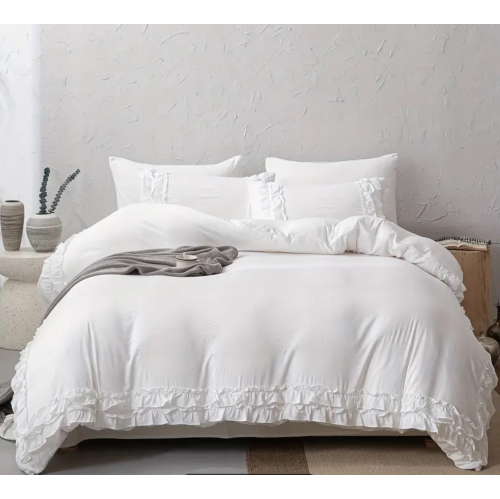 Boho Chic Luxury KING size 3pcs White Duvet Cover Set with Ruffle Trim - Soft, Washed Microfiber Bedding for All Seasons, Includes Zippered Duvet