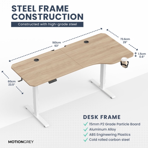 MotionGrey Ergo2 - Adjustable Right L-Shaped Electric Standing Desk with Memory Settings-63" x 24" Light Brown Top White Frame Ergonomic Desk for