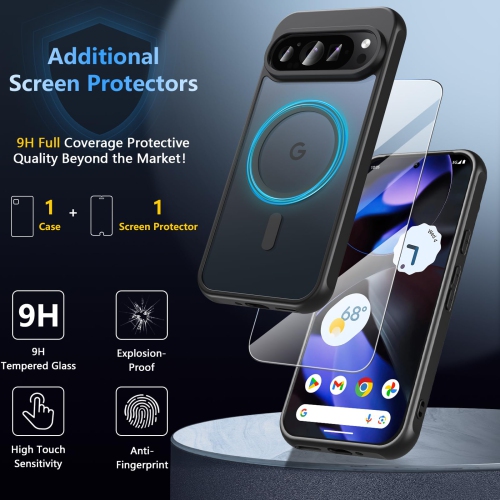 Étui pour Pixel 9/Pixel 9 Pro de Google avec protecteur d'écran, dos magnétique translucide, protection antichoc de qualité militaire, étui de
