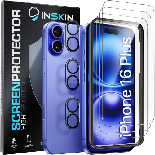 Inskin Tempered Glass for iPhone 16 Plus, Screen Protector with Camera Lens Guard, Auto Alignment Tray, 6.7 inch, Ultra HD, Case Compatible, 3+3 Pack