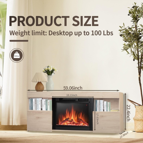 ZAFRO Electric Fireplace TV Stand with Mantel, Freestanding Wooden Frame Firebox, Adjustable Real 3D Flame Brightness, Remote Control, for TVs Up to