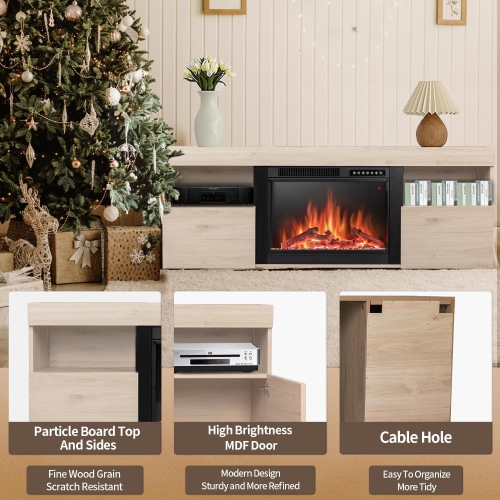 ZAFRO Electric Fireplace TV Stand with Mantel, Freestanding Wooden Frame Firebox, Adjustable Real 3D Flame Brightness, Remote Control, for TVs Up to