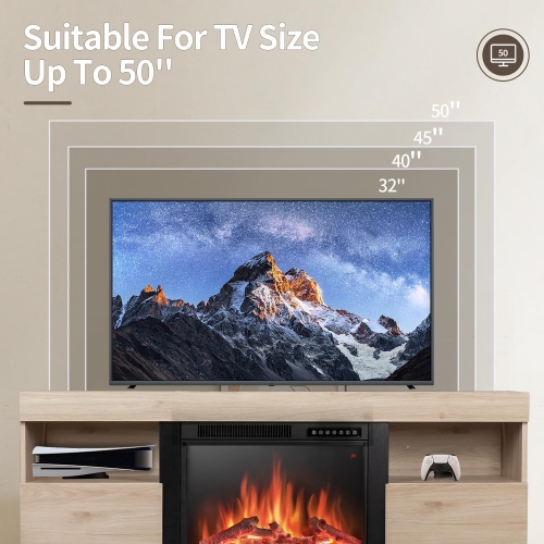 ZAFRO Electric Fireplace TV Stand with Mantel, Freestanding Wooden Frame Firebox, Adjustable Real 3D Flame Brightness, Remote Control, for TVs Up to