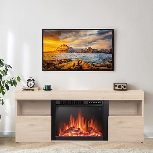 ZAFRO Electric Fireplace TV Stand with Mantel, Freestanding Wooden Frame Firebox, Adjustable Real 3D Flame Brightness, Remote Control, for TVs Up to