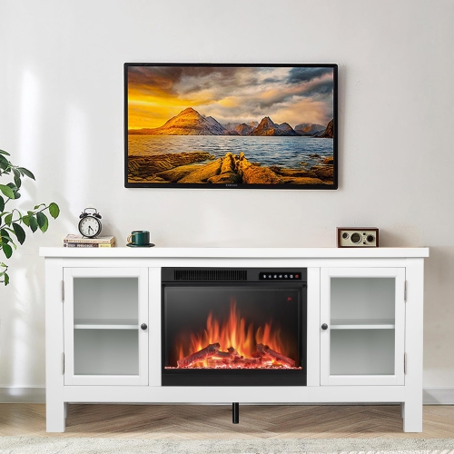 ZAFRO Electric Fireplace, with Mantel, Freestanding Wooden Frame Firebox, Adjustable Realistic 3D Flame Brightness and Color, Glasss Door Shelves,