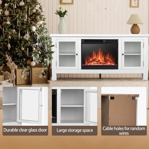 ZAFRO Electric Fireplace, with Mantel, Freestanding Wooden Frame Firebox, Adjustable Realistic 3D Flame Brightness and Color, Glasss Door Shelves,