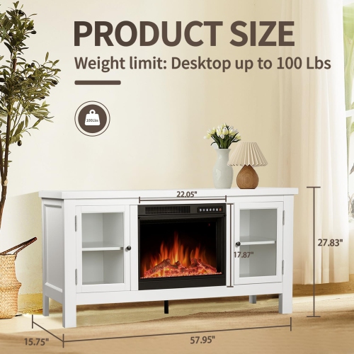 ZAFRO Electric Fireplace, with Mantel, Freestanding Wooden Frame Firebox, Adjustable Realistic 3D Flame Brightness and Color, Glasss Door Shelves,