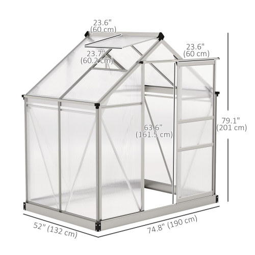 Greenhouse en polycarbonate Outsunny, 6 x 4 x 6,6 pi, ensemble de maison verte, plantes cultivées, cadre en feuille en aluminium galvanisé avec