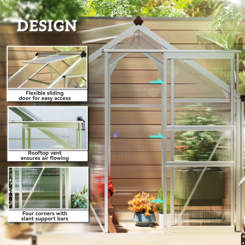 Greenhouse en polycarbonate Outsunny, 6 x 4 x 6,6 pi, ensemble de maison verte, plantes cultivées, cadre en feuille en aluminium galvanisé avec