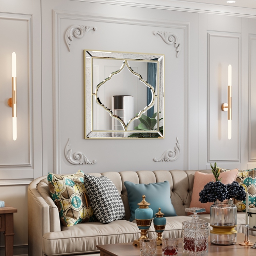 Wall Art Mirror Elegant Square Wall Silver Glass with Golden Rim Decorative Accent Mirror for Bedroom Hallway Bathroom Living Room Entryway Decorating