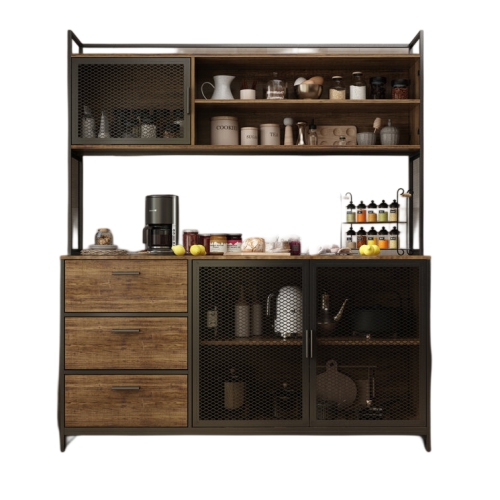 Homsee Wood with Metal Mesh Doors, 3 Drawers & Adjustable Shelves, Ideal for Dining Room Storage, Brown