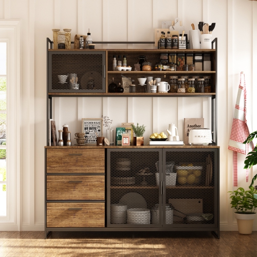 Homsee Wood with Metal Mesh Doors, 3 Drawers & Adjustable Shelves, Ideal for Dining Room Storage, Brown