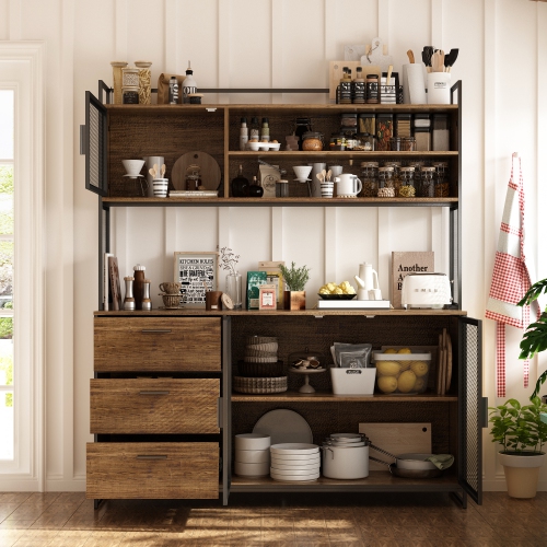 Homsee Wood with Metal Mesh Doors, 3 Drawers & Adjustable Shelves, Ideal for Dining Room Storage, Brown