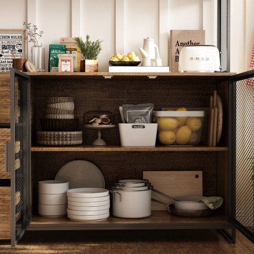 Homsee Wood with Metal Mesh Doors, 3 Drawers & Adjustable Shelves, Ideal for Dining Room Storage, Brown