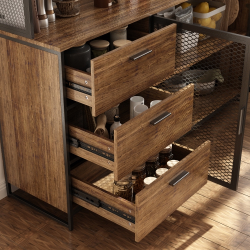 Homsee Wood with Metal Mesh Doors, 3 Drawers & Adjustable Shelves, Ideal for Dining Room Storage, Brown